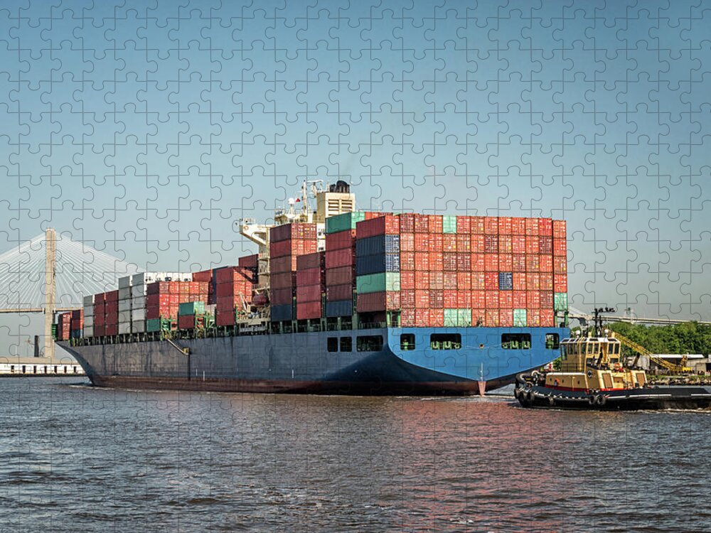 Trading Jigsaw Puzzle featuring the photograph Tugboat Escorts Container Ship Into by Wendellandcarolyn