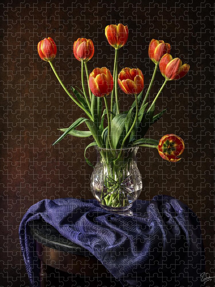 Vase Jigsaw Puzzle featuring the photograph Tulips In A Crystal Vase by Endre Balogh