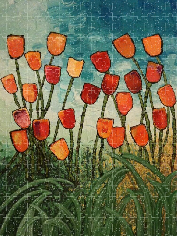 Red Jigsaw Puzzle featuring the painting Tulips by Linda Bailey