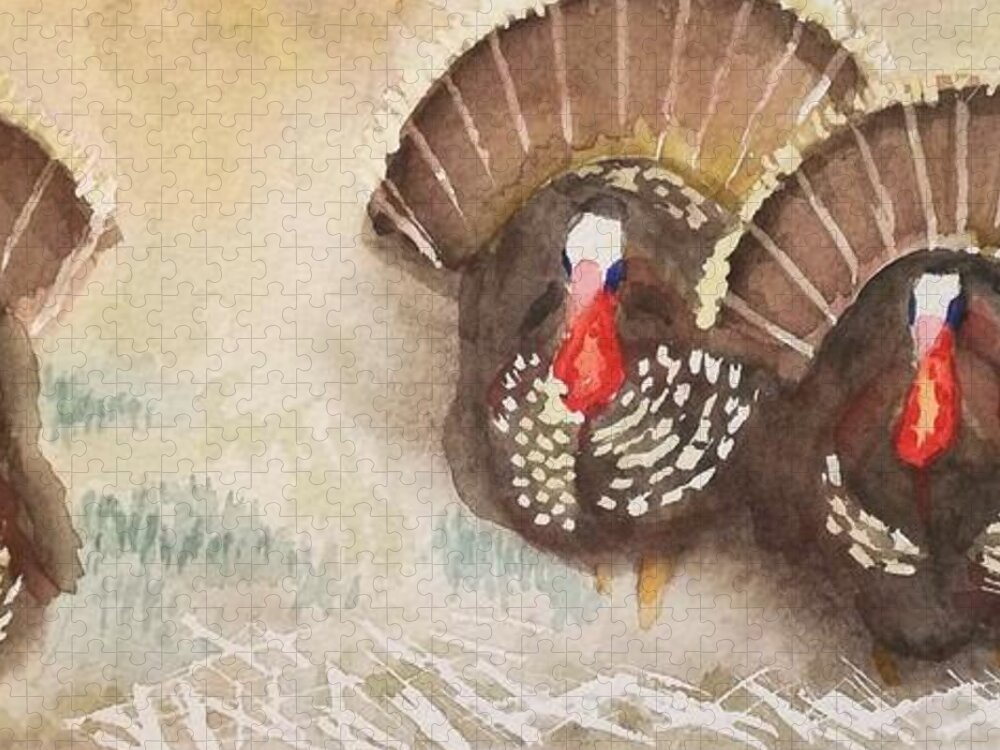 Bird Jigsaw Puzzle featuring the painting Turkeys by Yoshiko Mishina