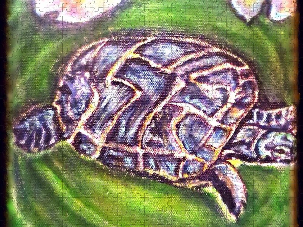 Nature Scene Turtle Painting Blue Gray Turquoise Violet Brown Black On Eye Catching Turtle's Back Tortoise Pattern Turtle Swimming In Golden Green Pond Causing Ripples In Pond Gray Violet Merlot Gold Water Lilies Acrylic Painting Jigsaw Puzzle featuring the painting Turtle Ripples by Kimberlee Baxter
