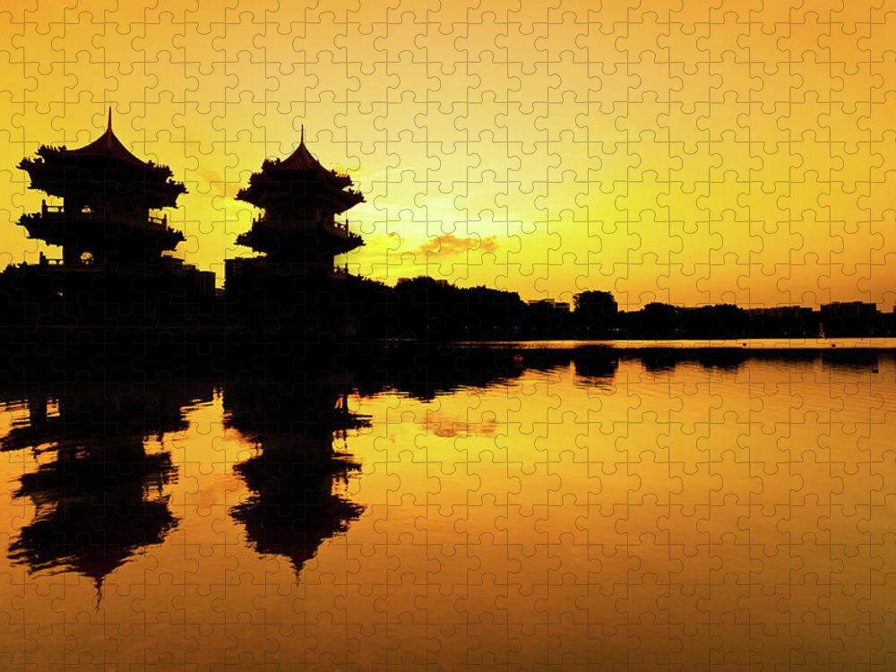 Tranquility Jigsaw Puzzle featuring the photograph Twin Pagoda ~ Golden by Justin Tay York Chun