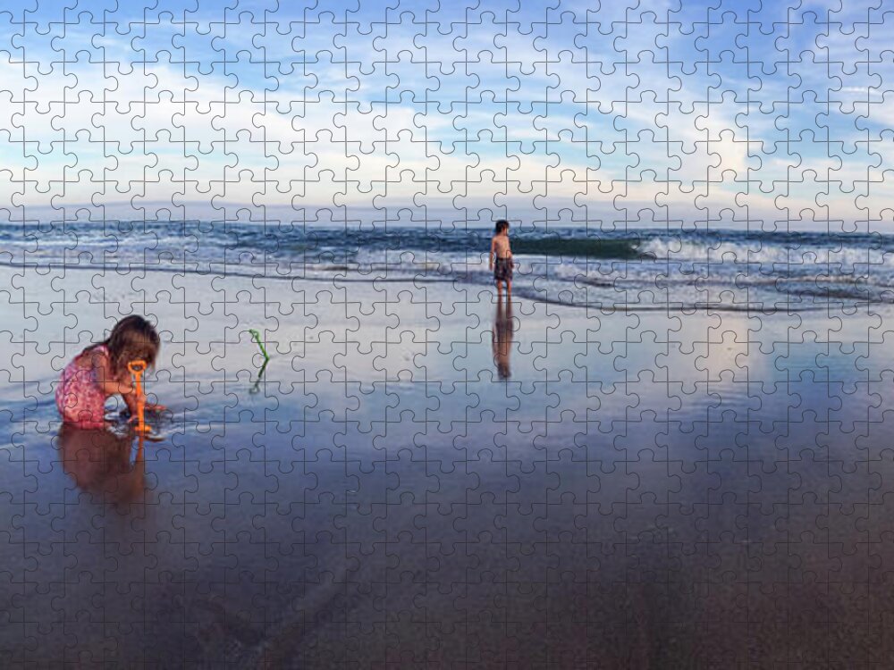 Water's Edge Jigsaw Puzzle featuring the photograph Two Children At The Beach by Guillermo Murcia