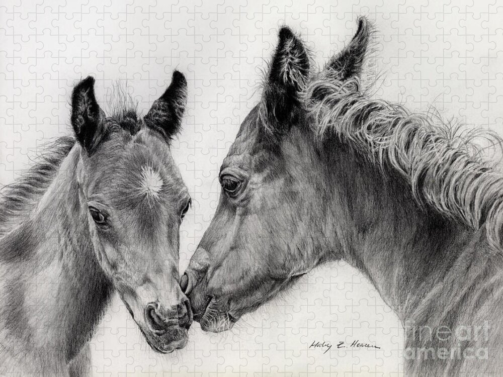 Arab Foal Jigsaw Puzzle featuring the drawing Two Foals by Hailey E Herrera