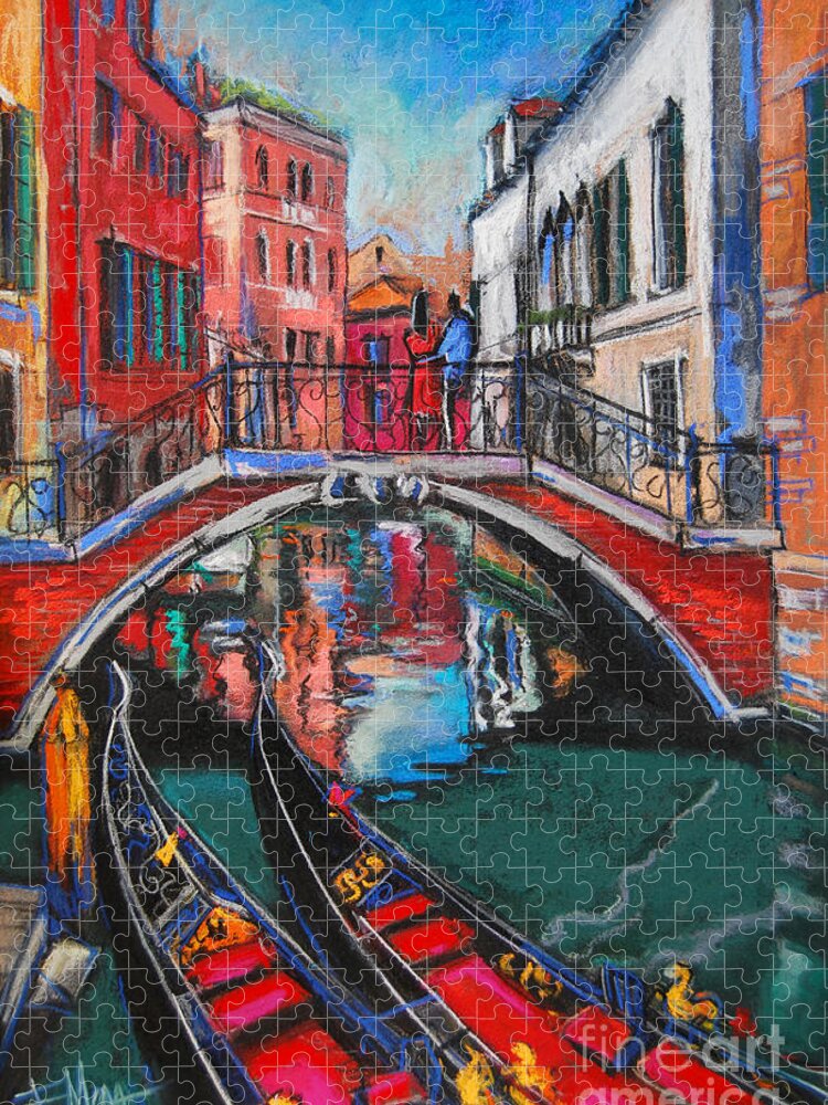 Two Gondolas In Venice Jigsaw Puzzle featuring the painting Two Gondolas In Venice by Mona Edulesco