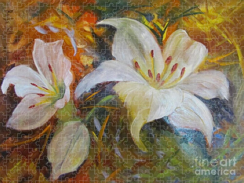 White Lilies Jigsaw Puzzle featuring the painting Two Lilies by Barbara Haviland
