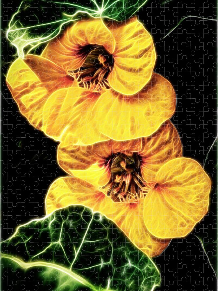 Nasturtium Jigsaw Puzzle featuring the photograph Two Shy Sisters fractal by Weston Westmoreland