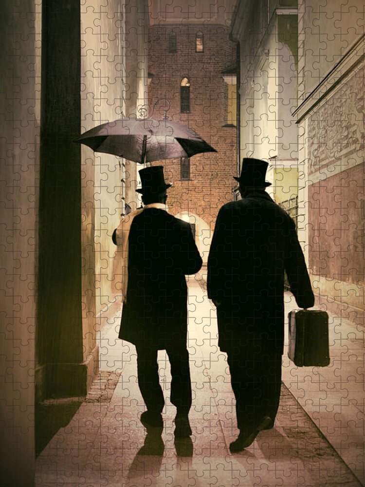 1800 S Jigsaw Puzzle featuring the photograph Two victorian men wearing top hats in the old alley by Jaroslaw Blaminsky