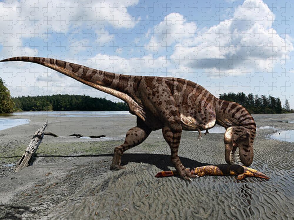 Dinosaur Jigsaw Puzzle featuring the digital art Tyrannosaurus enjoying seafood - wide format by Julius Csotonyi