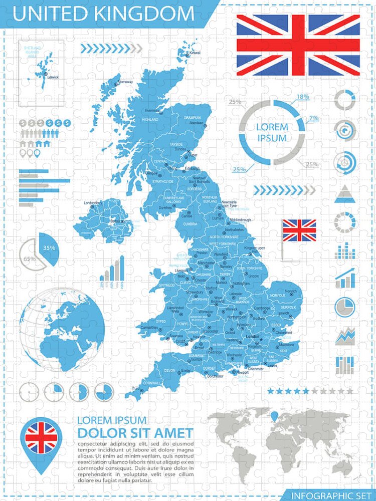Globe Jigsaw Puzzle featuring the digital art United Kingdom - Infographic Map - by Pop jop