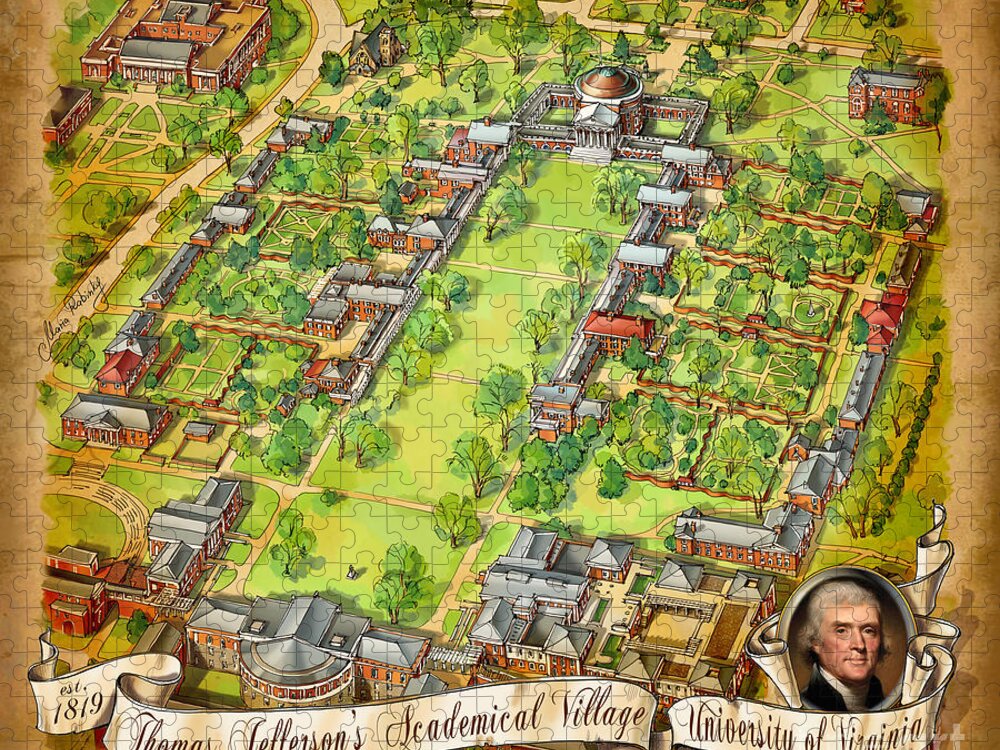 University Of Virginia Jigsaw Puzzle featuring the painting University of Virginia Academical Village with scroll by Maria Rabinky