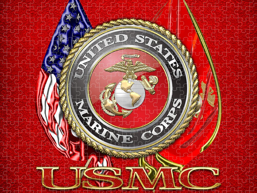 'military Insignia & Heraldry 3d' Collection By Serge Averbukh Jigsaw Puzzle featuring the digital art U. S. Marine Corps U S M C Emblem on Red by Serge Averbukh