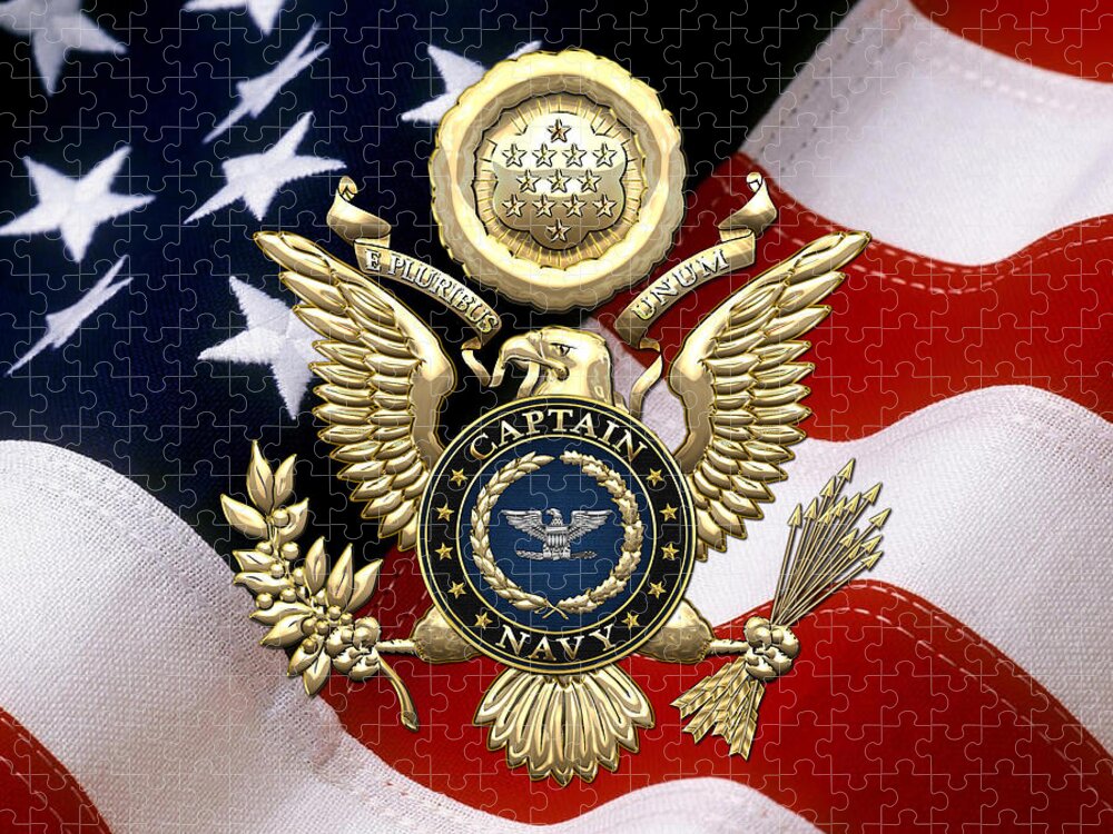 'military Insignia And Heraldry' Collection By Serge Averbukh Jigsaw Puzzle featuring the digital art U. S. Navy Captain - C A P T Rank Insignia over Gold Great Seal Eagle and Flag by Serge Averbukh