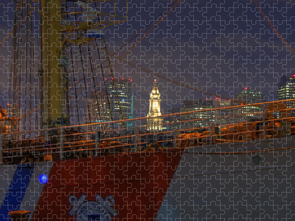 Uscg Jigsaw Puzzle featuring the photograph USCG Cutter Eagle and the Boston Skyline Panoramic by Joann Vitali