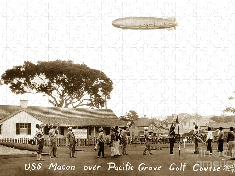Uss Jigsaw Puzzle featuring the photograph USS Macon ZRS5 over the old Pacific Grove Golf Club house California circa 1935 by Monterey County Historical Society