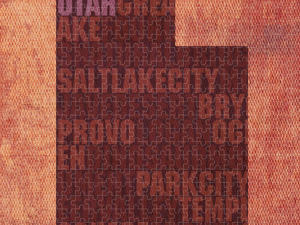 Utah Word Art State Map On Canvas Provo Ogden Salt Lake City Great Salt Lake Logan Usa Jigsaw Puzzle featuring the mixed media Utah Word Art State Map on Canvas by Design Turnpike