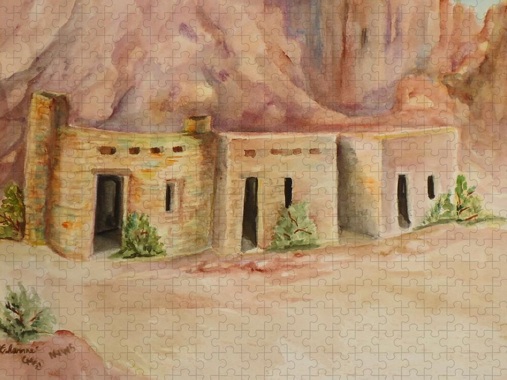 The Oldest Man-made Structures In The Valley Of Fire Jigsaw Puzzle featuring the painting Valley of Fire Cabins by Charme Curtin