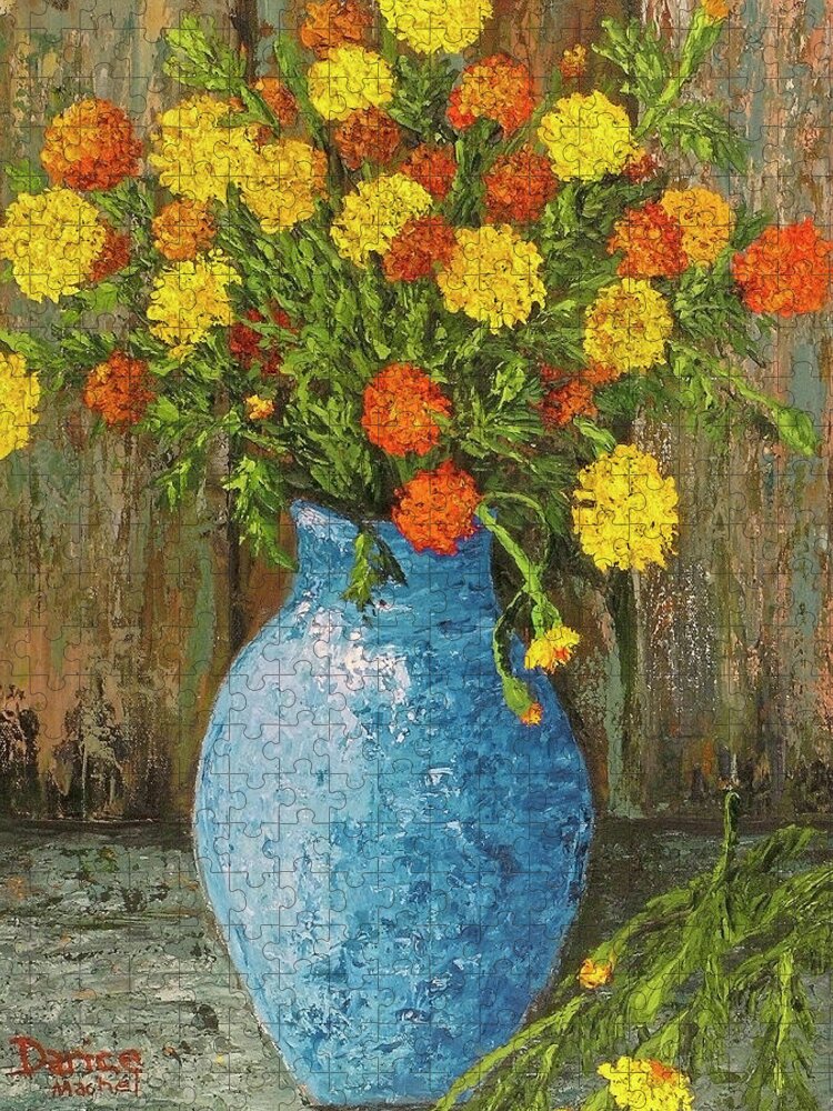 Impressionistic Jigsaw Puzzle featuring the painting Vase of Marigolds by Darice Machel McGuire