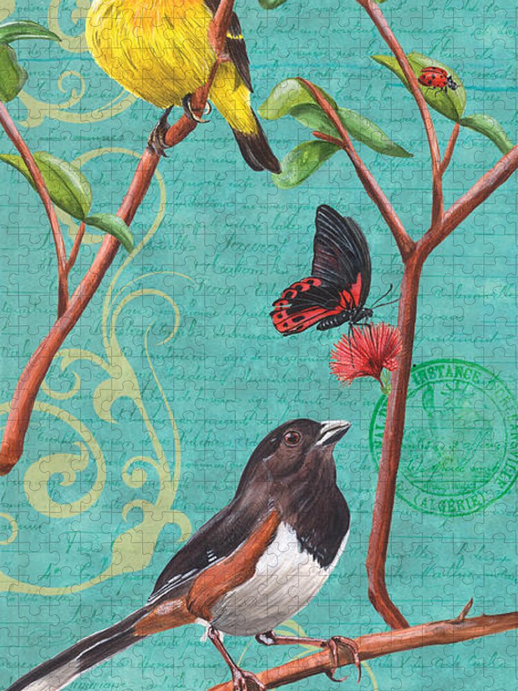 Bird Jigsaw Puzzle featuring the painting Verdigris Songbirds 2 by Debbie DeWitt