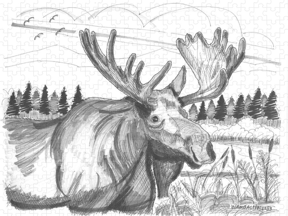 Vermont Bull Moose Jigsaw Puzzle featuring the drawing Vermont Bull Moose by Richard Wambach