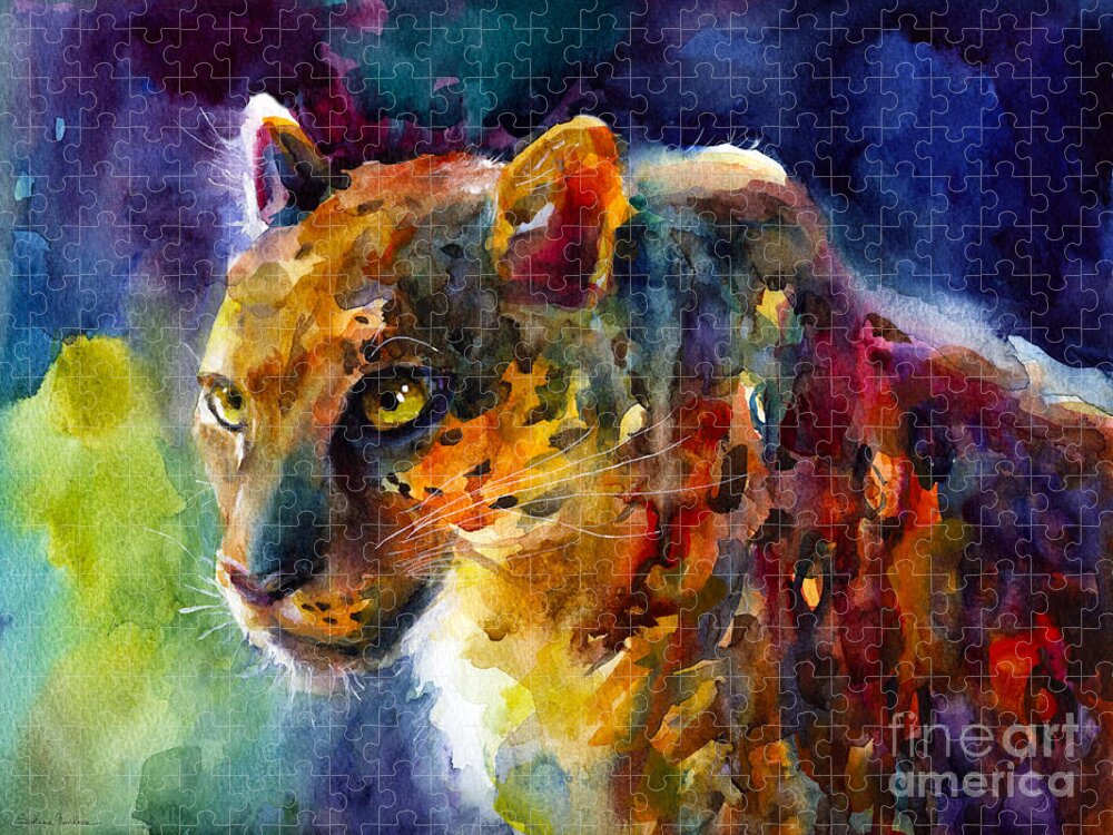 Leopard Jigsaw Puzzle featuring the painting Vibrant watercolor leopard wildlife painting by Svetlana Novikova