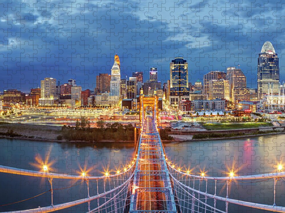 Downtown District Puzzle featuring the photograph View From Atop John A. Roebling Bridge by Adam Jones