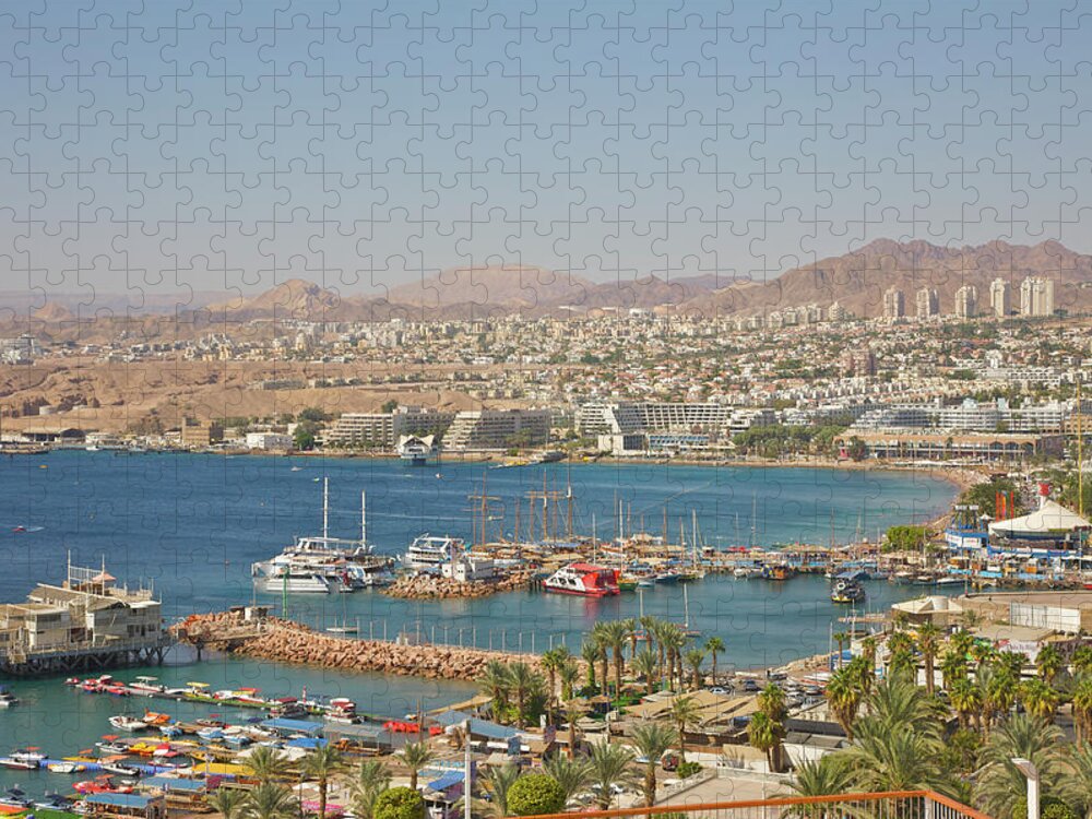 Tranquility Jigsaw Puzzle featuring the photograph View Of Boats, Red Sea Hotels And Eilat by Barry Winiker