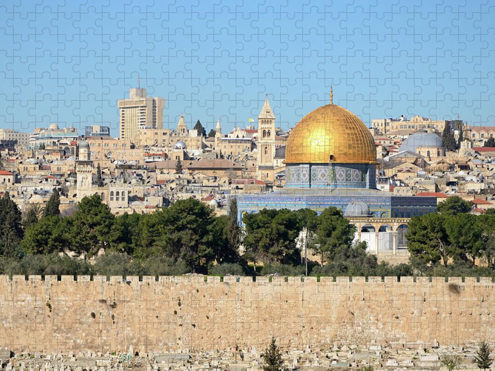 Dome Of The Rock Jigsaw Puzzle featuring the photograph View Of Jerusalem Skyline From Mount Of by Madzia71