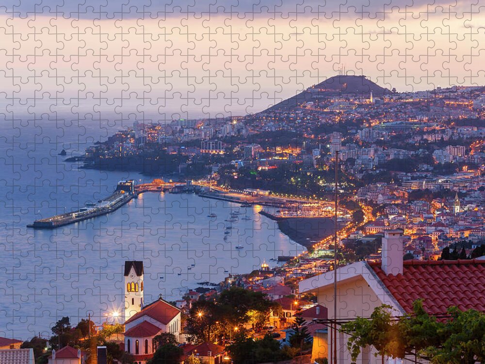 Town Jigsaw Puzzle featuring the photograph View Over Funchal At Dusk, Madeira by Peter Adams