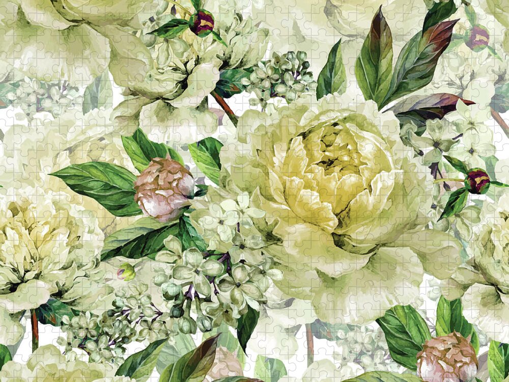 Flowerbed Jigsaw Puzzle featuring the digital art Vintage Floral Seamless Watercolor by Inna Sinano