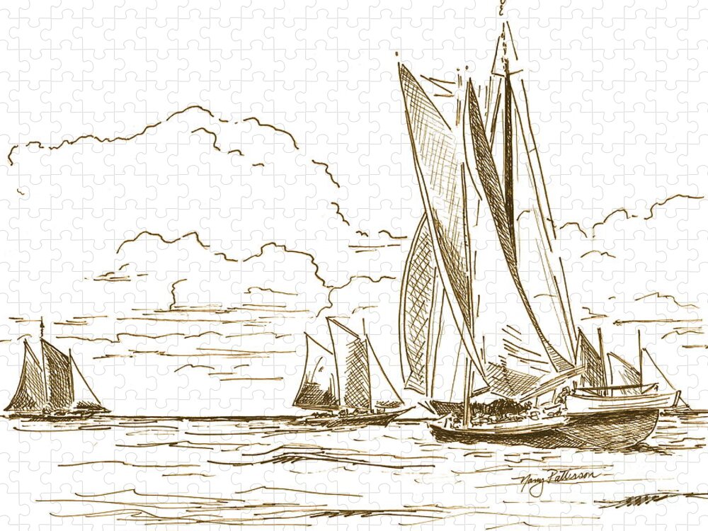 Oyster Schooners Jigsaw Puzzle featuring the drawing Vintage Oyster Schooners by Nancy Patterson