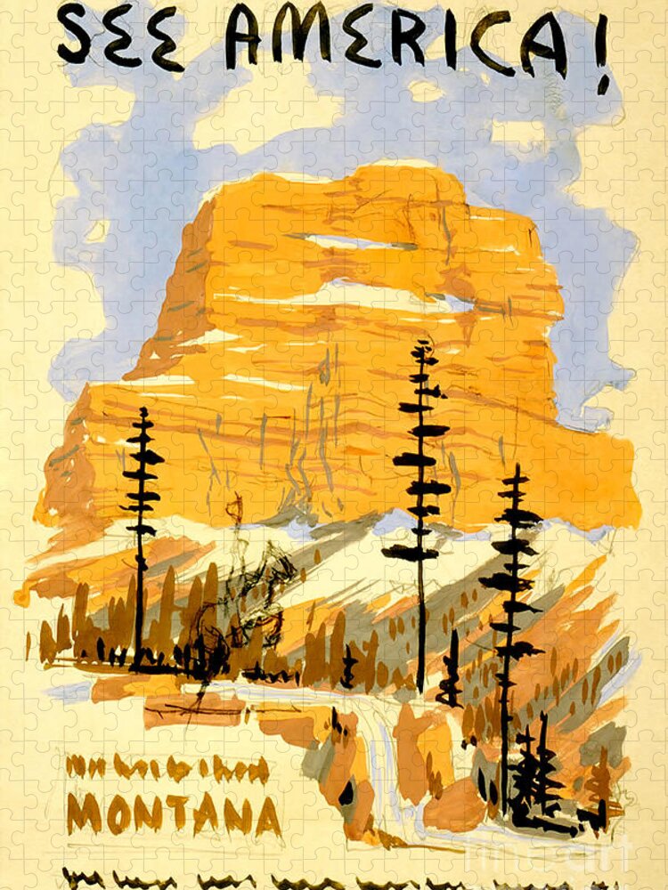 Travel Poster Jigsaw Puzzle featuring the drawing Vintage See America Travel Poster by Jon Neidert