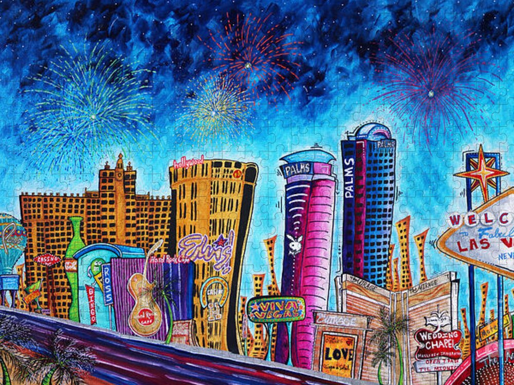 Vegas Jigsaw Puzzle featuring the painting Viva Las Vegas a Fun and Funky PoP Art Painting of the Vegas Skyline and Sign by Megan Duncanson by Megan Aroon