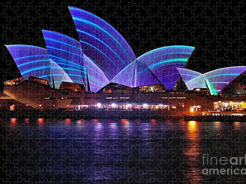 Photography Jigsaw Puzzle featuring the photograph VIVID SYDNEY by Kaye Menner - Opera House ... Blue Lines by Kaye Menner