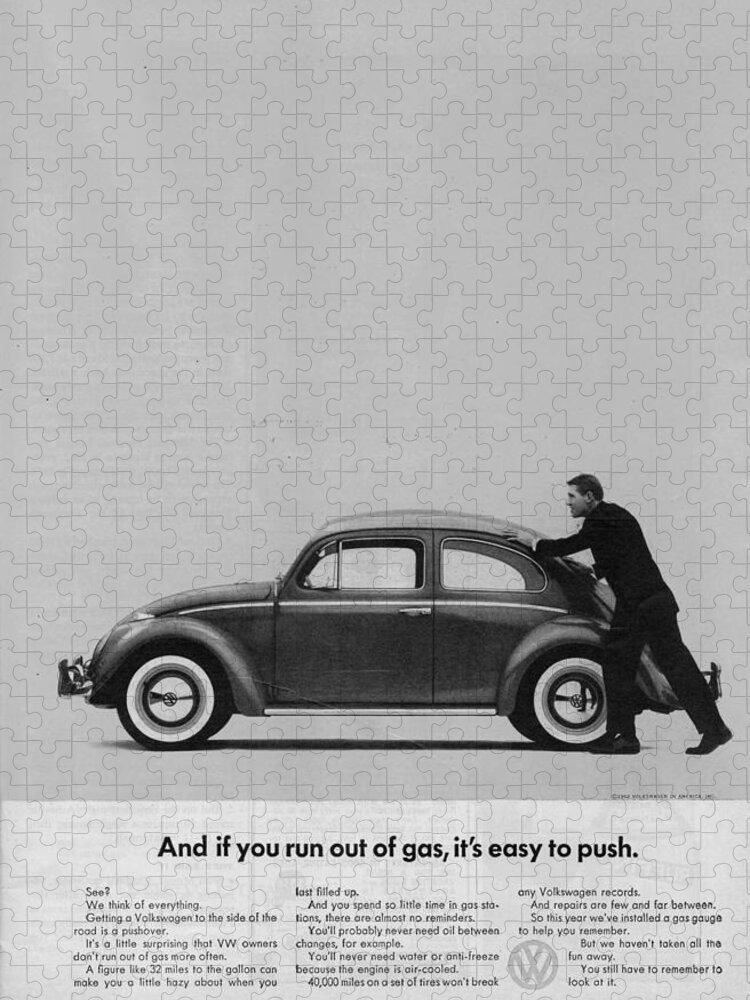 Vw Beetle Jigsaw Puzzle featuring the digital art VW Beetle Advert 1962 - And if you run out of gas it's easy to push by Georgia Clare