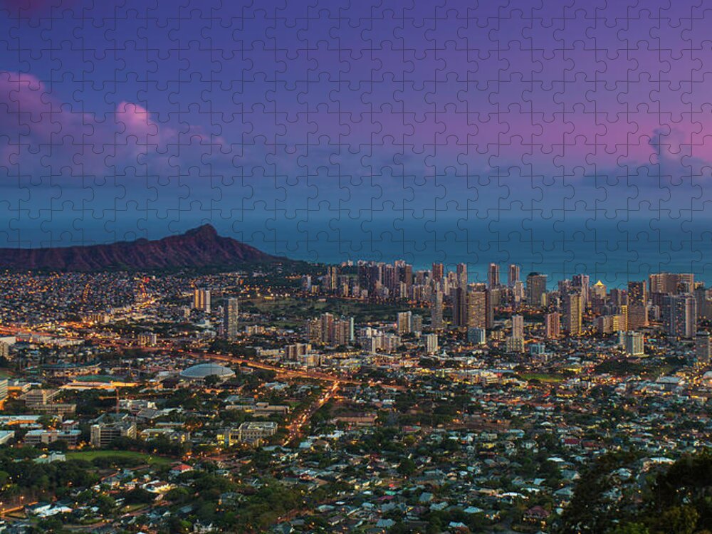 Tranquility Jigsaw Puzzle featuring the photograph Waikiki And Diamond Head At Sunset by J. Andruckow
