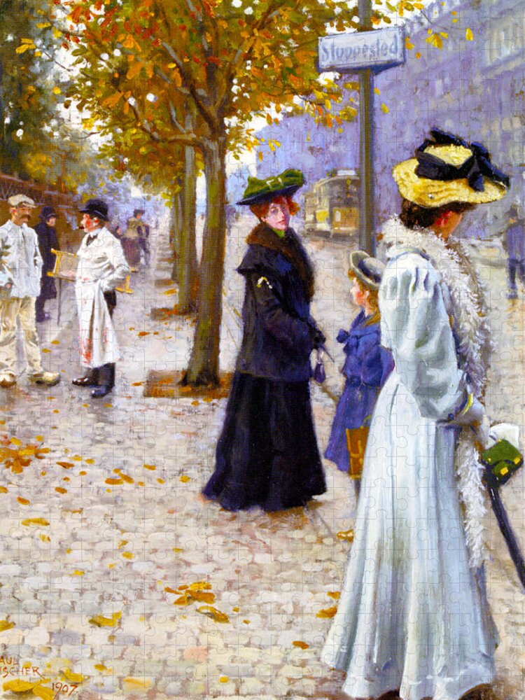 Waiting On The Tram Jigsaw Puzzle featuring the photograph Waiting On The Tram by Paul Gustav Fischer