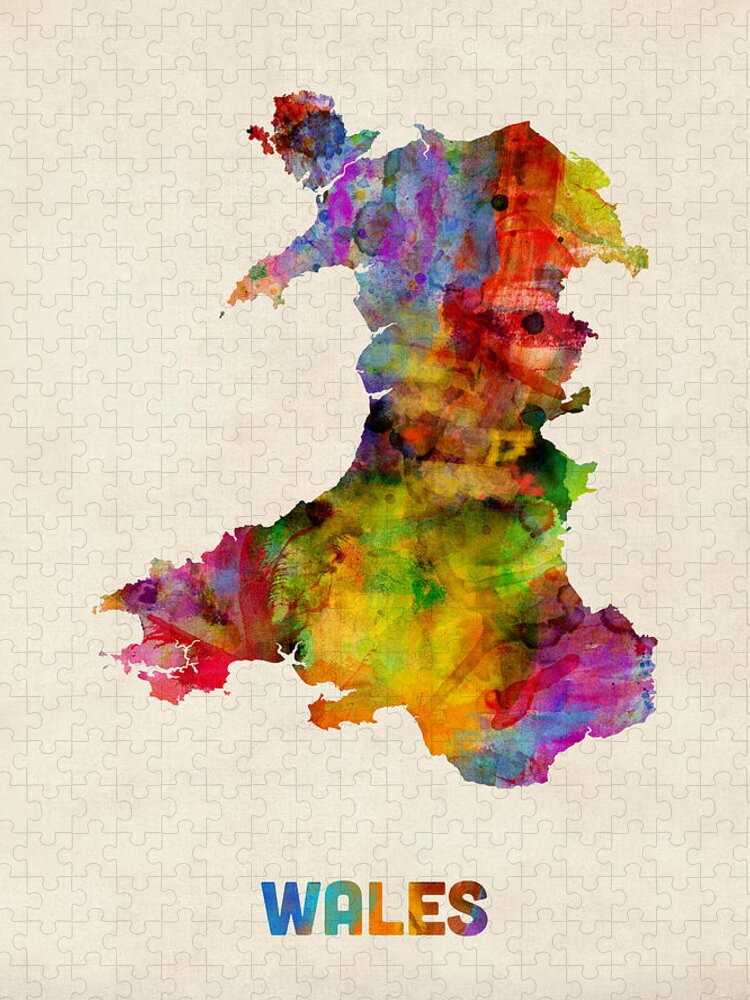 Map Art Jigsaw Puzzle featuring the digital art Wales Watercolor Map by Michael Tompsett