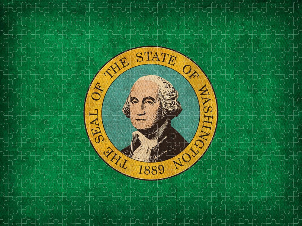Washington State Flag Art On Worn Canvas Jigsaw Puzzle featuring the mixed media Washington State Flag Art on Worn Canvas by Design Turnpike