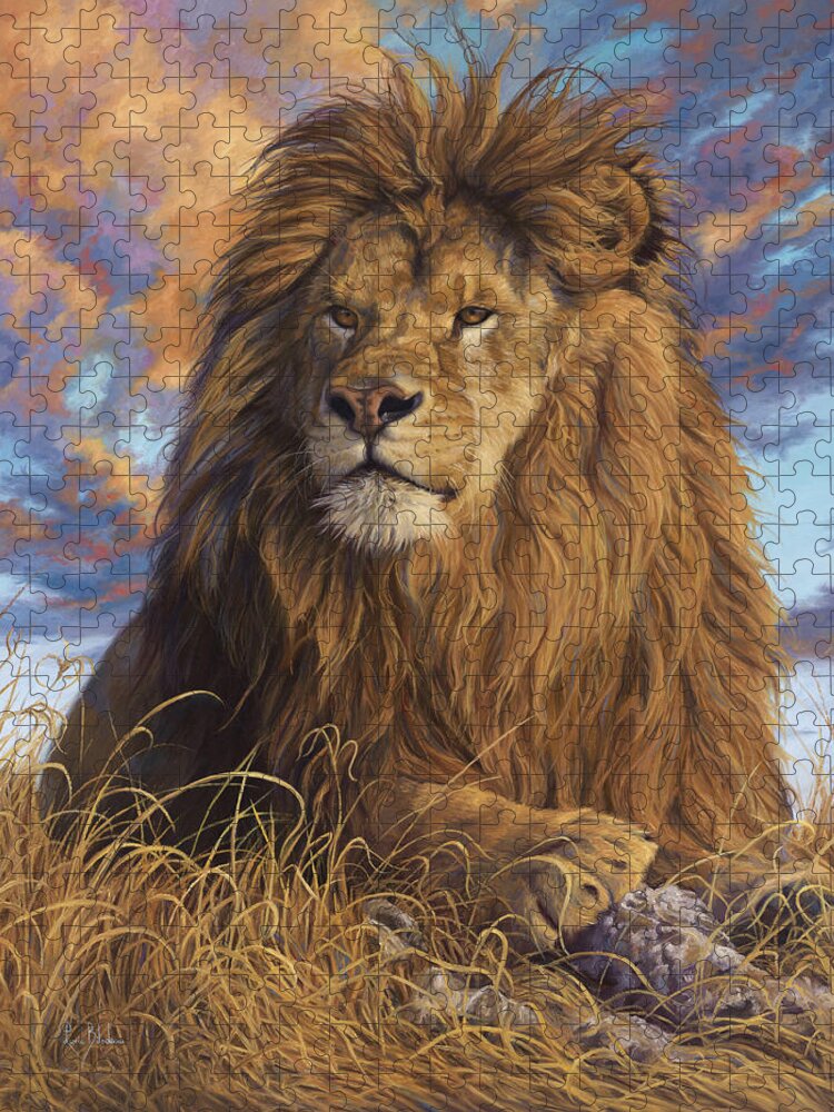 Lion Jigsaw Puzzle featuring the painting Watchful Eyes by Lucie Bilodeau