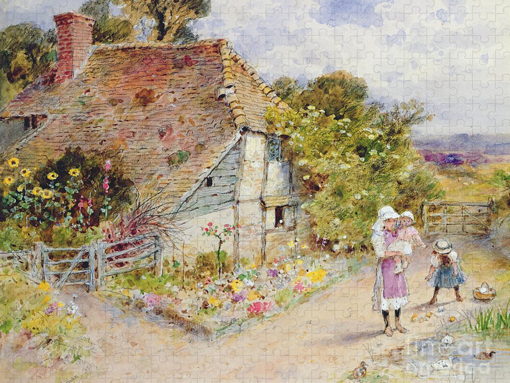 Country Cottage; Garden; Pond; Birds; Children; Baby; Mother; Female; Standing; Holding; Carrying; Feeding; Basket; Landscape; Rural; Countryside; Outdoors; House; English Architecture; Picturesque; Infant; Child; Duck; Victorian Costume; Leisure Jigsaw Puzzle featuring the painting Watching the Ducks by William Stephen Coleman