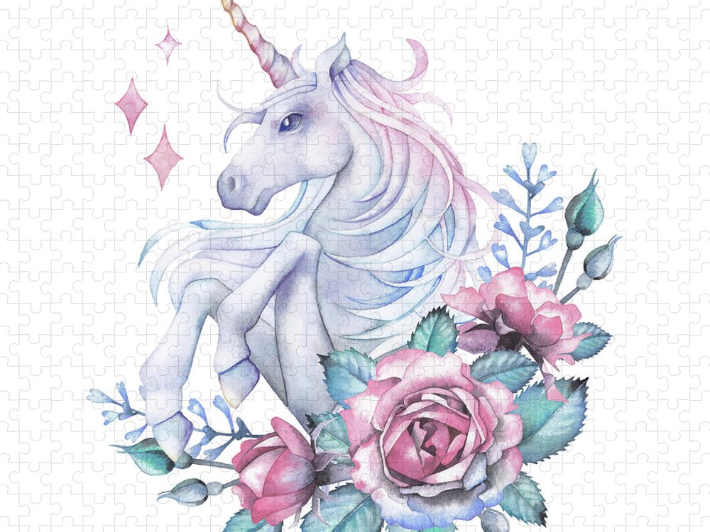 Horse Jigsaw Puzzle featuring the digital art Watercolor Design With Unicorn And Rose by Homunkulus28