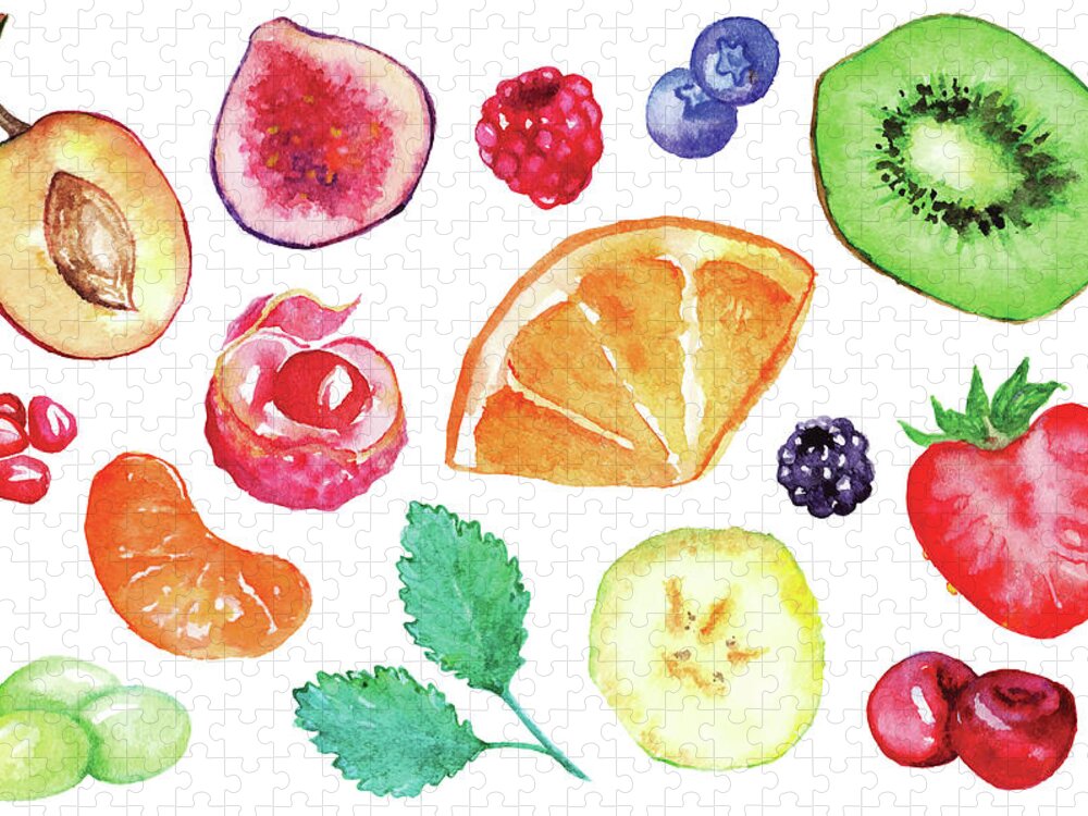 Cherry Jigsaw Puzzle featuring the digital art Watercolor Exotic Fruit Berry Slice Set by Silmairel