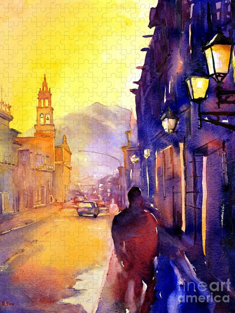 American Watercolor Society Jigsaw Puzzle featuring the painting Watercolor painting of street and church Morelia Mexico by Ryan Fox