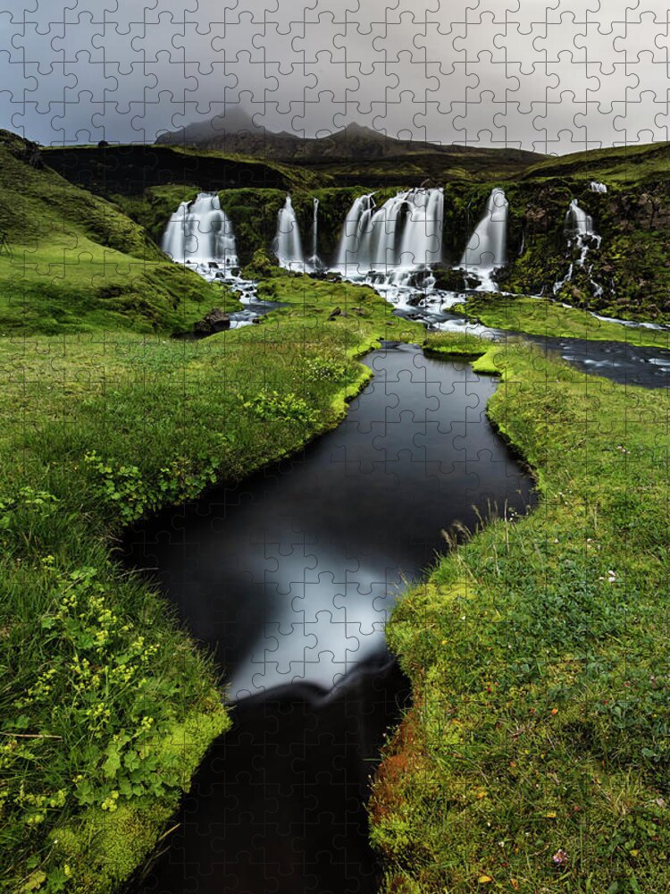 Tranquility Jigsaw Puzzle featuring the photograph Waterfall, River And Rock Formations In by Pixelchrome Inc