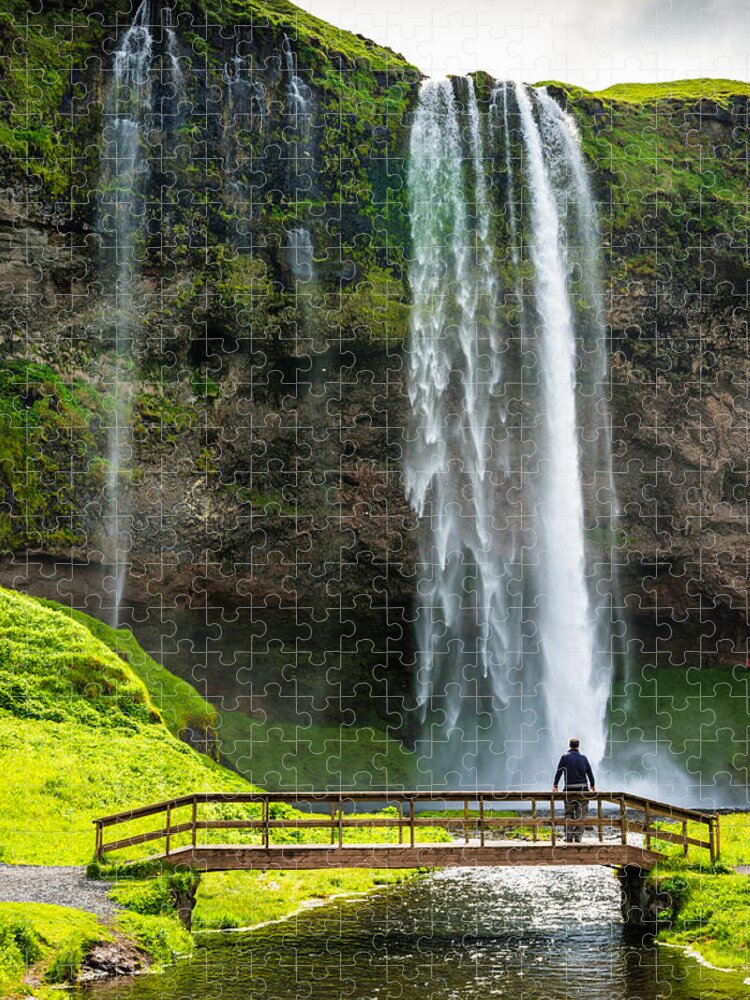 Iceland Jigsaw Puzzle featuring the photograph Waterfall with river and bridge Seljalandsfoss Iceland by Matthias Hauser
