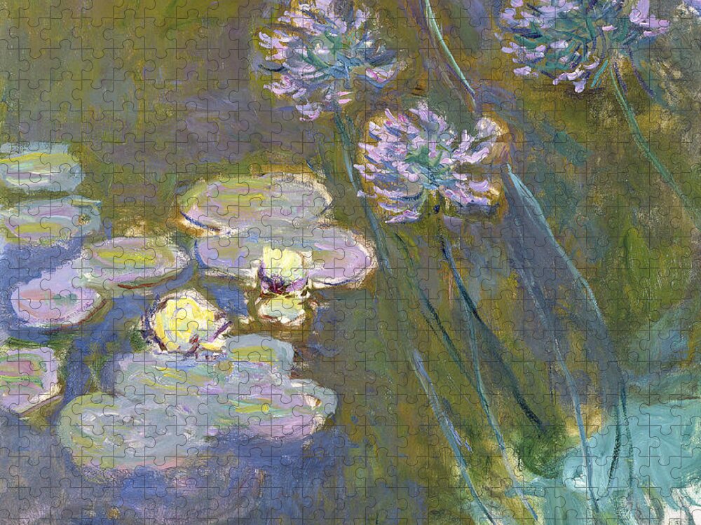 Reproductions Jigsaw Puzzle featuring the painting Waterlilies and Agapanthus by Claude Monet