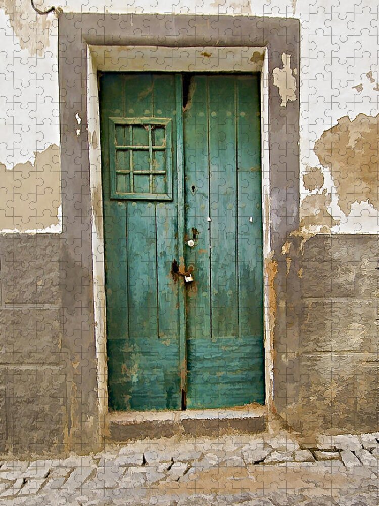 Canvas Jigsaw Puzzle featuring the photograph Weathered Green Door of Serpa by David Letts