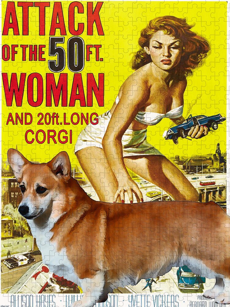 Corgi Jigsaw Puzzle featuring the painting Welsh Corgi Pembroke Art Canvas Print - Attack of the 50ft woman Movie Poster by Sandra Sij