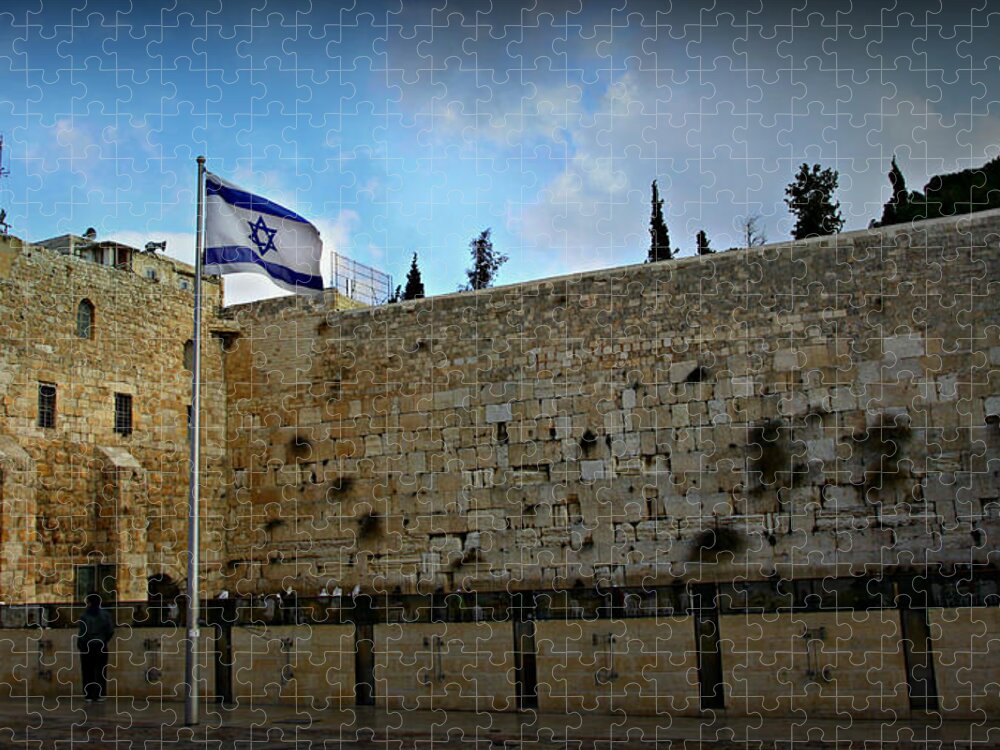 Jerusalem Jigsaw Puzzle featuring the photograph Western Wall and Israeli Flag by Stephen Stookey
